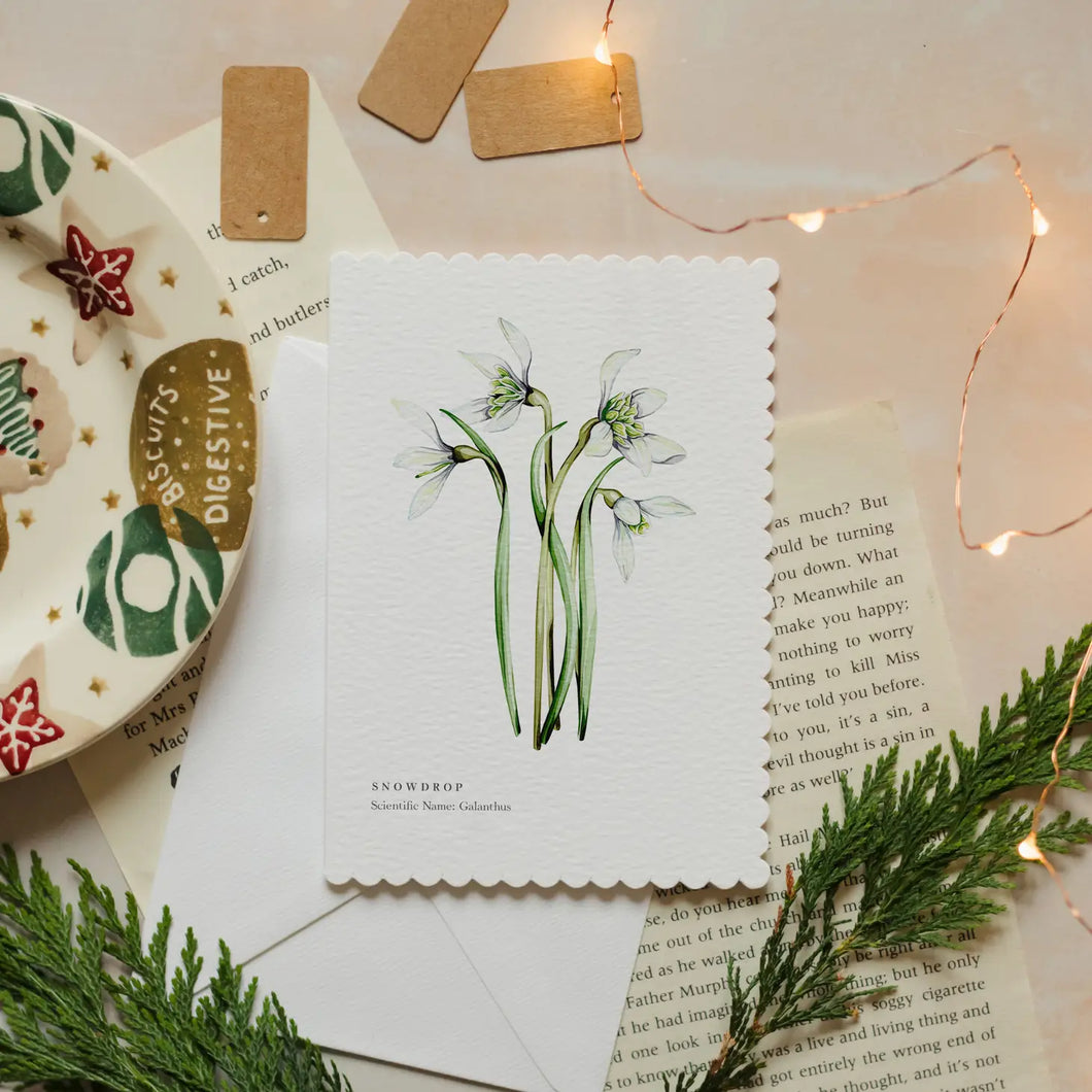Snowdrop Watercolour Scalloped Sustainable Greeting Card