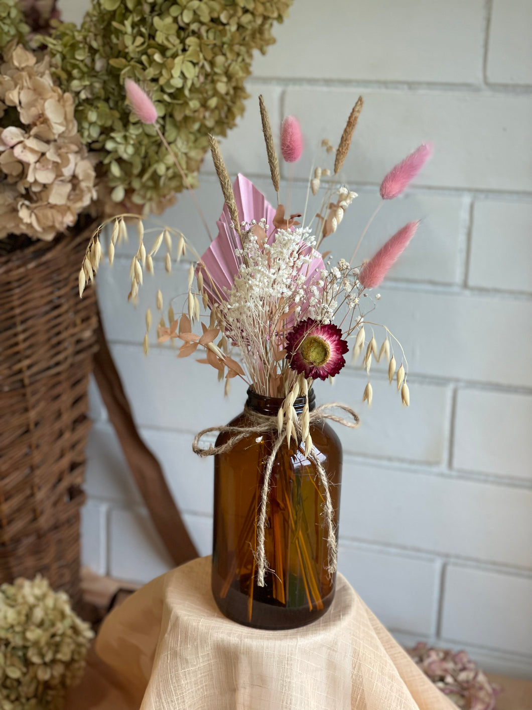 Pink Dried Arrangement - Amber Bottle